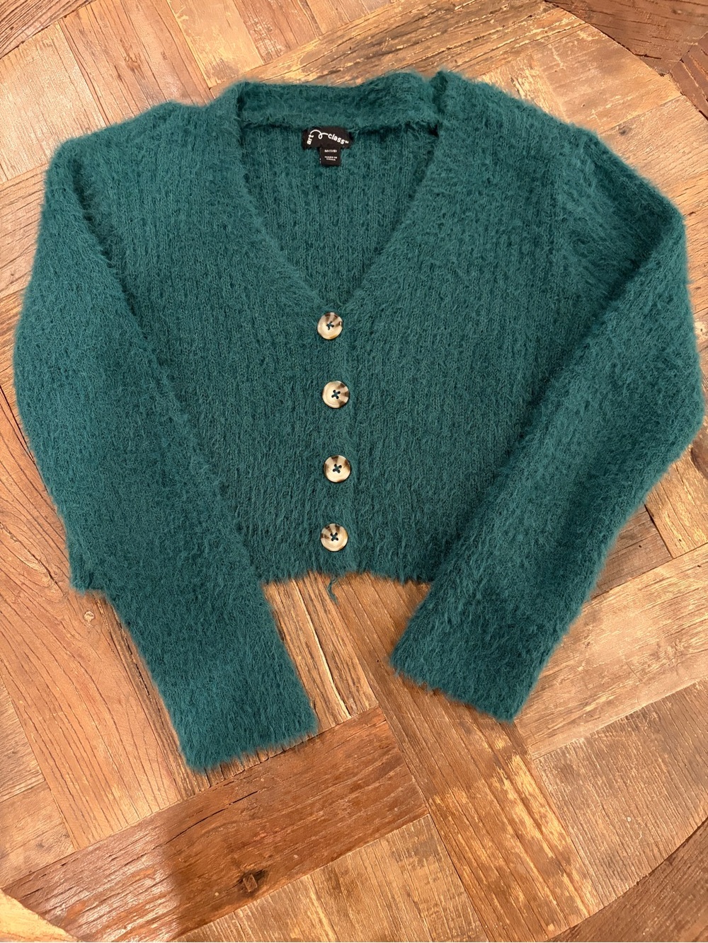 Art Class Size L 10/12 Teal Green Fuzzy Eyelash Knit Cropped Cardigan Sweater